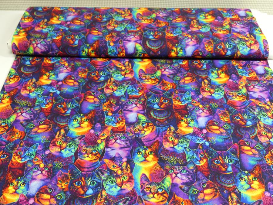 Preview: Patchworkstoff mit Katzen in Neonfarben von Timeless Treasures